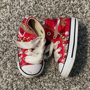Kids Red Glitter Sneakers with Pearl Accents